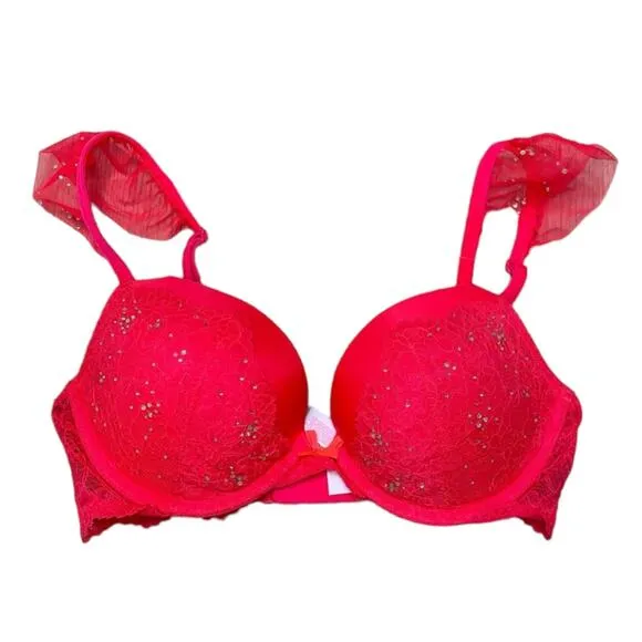 New Victoria's Secret Dream Angels Red Lace Embellished Sequin Push Up Bra 32DD