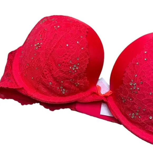 New Victoria's Secret Dream Angels Red Lace Embellished Sequin Push Up Bra 32DD