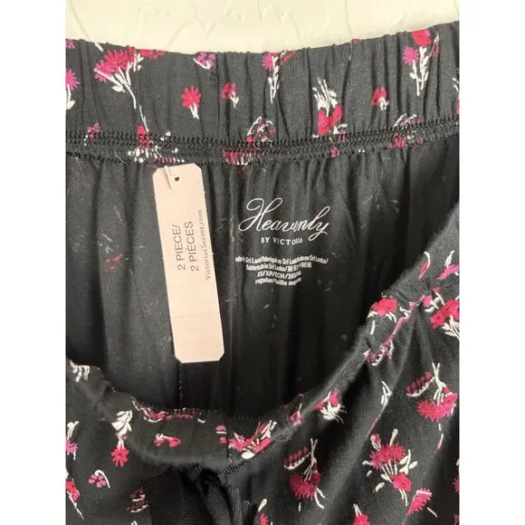 NEW Victoria's Secret Modal Long Pajama Pj Set XS Black Pink Floral 1416