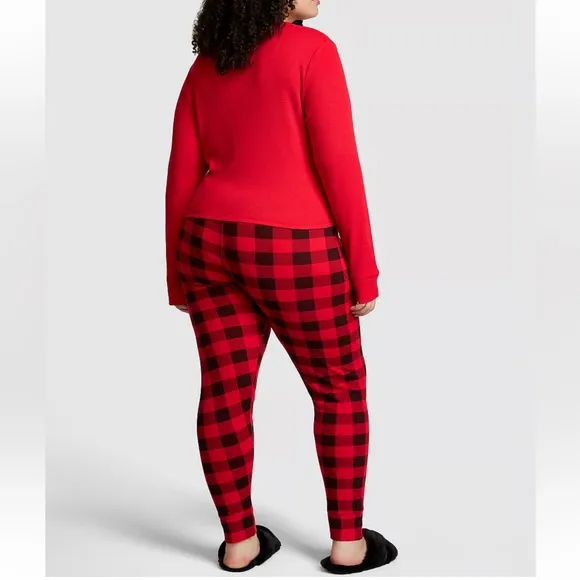 New Victorias Secret Pink Red Plaid Thermal Pajamas Set Size XL