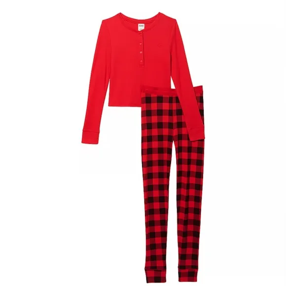 New Victorias Secret Pink Red Plaid Thermal Pajamas Set Size XXL