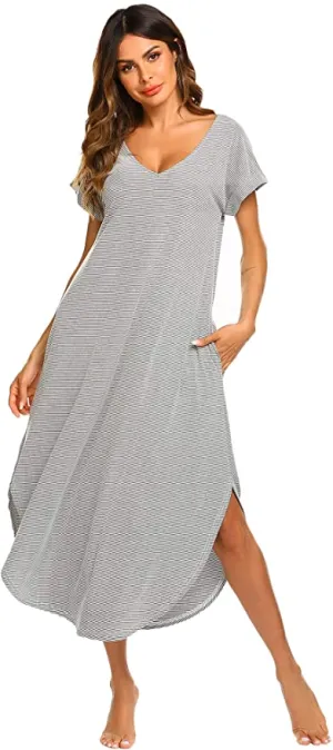 New with tags! Ekouaer Women's Sleepwear Casual V Neck Nightshirts Short Sleeve Long Nightgown, Sz M!
