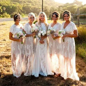 Newest V-neck Lace Tulle Cap Sleeve Romantic See Through Bridesmaid Dresses , PD0302