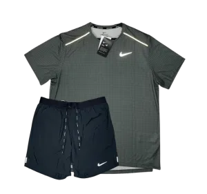 Nike Grid Miler T-Shirt and Flex Stride Shorts Set - Khaki/Black