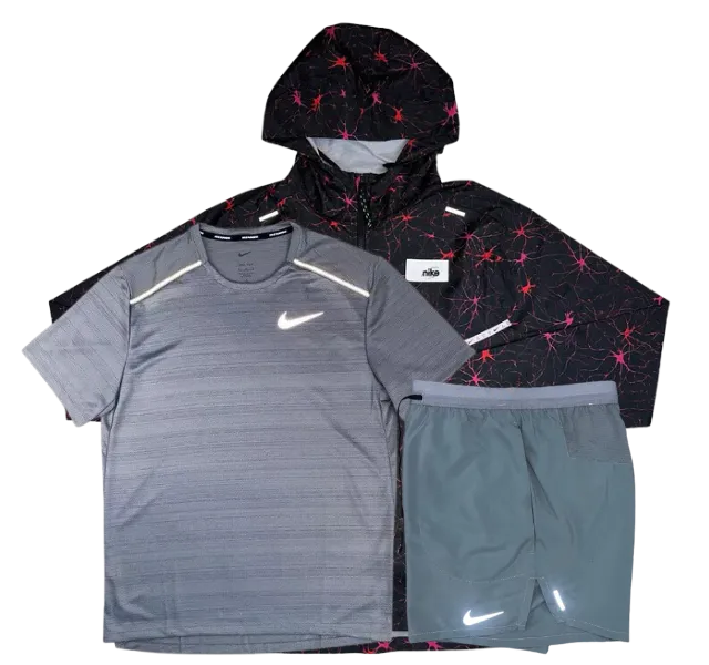 Nike Miler T-Shirt - D.Y.E Windrunner - Flex Stride Shorts Outfit - Grey/Black/Grey