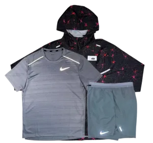 Nike Miler T-Shirt - D.Y.E Windrunner - Flex Stride Shorts Outfit - Grey/Black/Grey