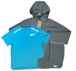 Nike Miler T-Shirt - Form GFX Windrunner - Flex Stride Shorts Outfit - Baltic Blue/Grey/Grey