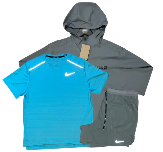 Nike Miler T-Shirt - Form GFX Windrunner - Flex Stride Shorts Outfit - Baltic Blue/Grey/Grey