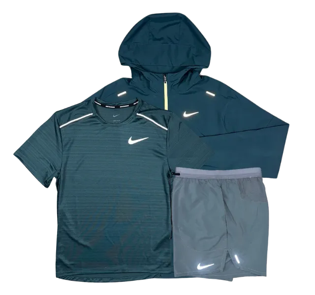 Nike Miler T-Shirt - Windrunner - Flex Stride Shorts Outfit - Deep Jungle Green/Grey