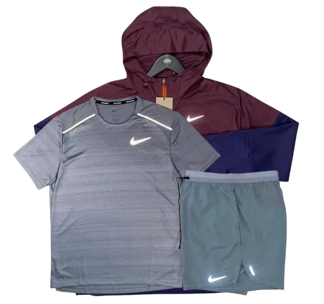 Nike Miler T-Shirt - Windrunner - Flex Stride Shorts Outfit - Grey/Night Maroon/Grey