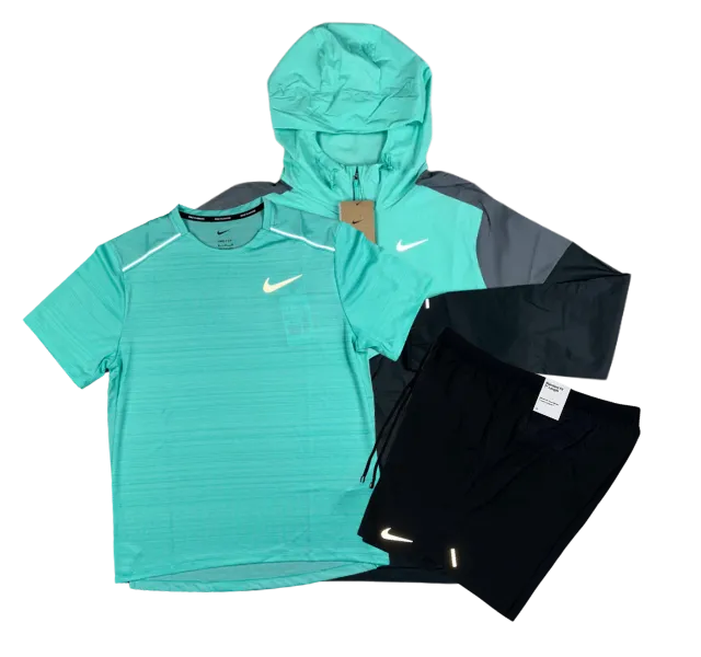 Nike Miler T-Shirt - Windrunner - Flex Stride Shorts Outfit - Hyper Turquoise/Black/Black