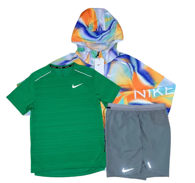 Nike Miler T-Shirt - Windrunner - Flex Stride Shorts Outfit - Stadium Green/Metallic Rainbow/Grey