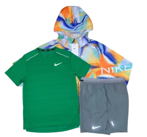 Nike Miler T-Shirt - Windrunner - Flex Stride Shorts Outfit - Stadium Green/Metallic Rainbow/Grey