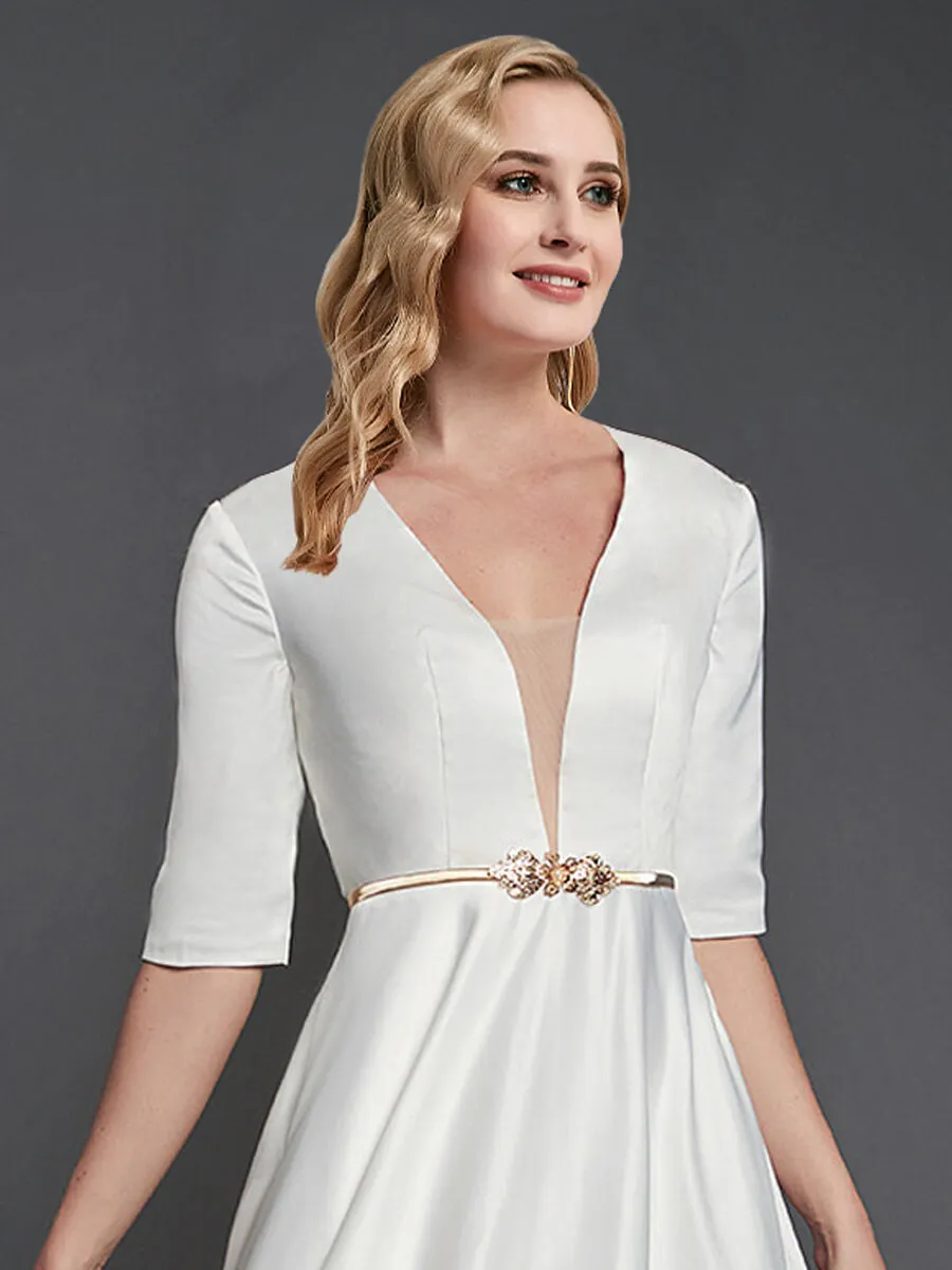Noble Deep Sheer V-Neck 1/2 Sleeve Midi Length Satin A-Line Wedding Reception Dress