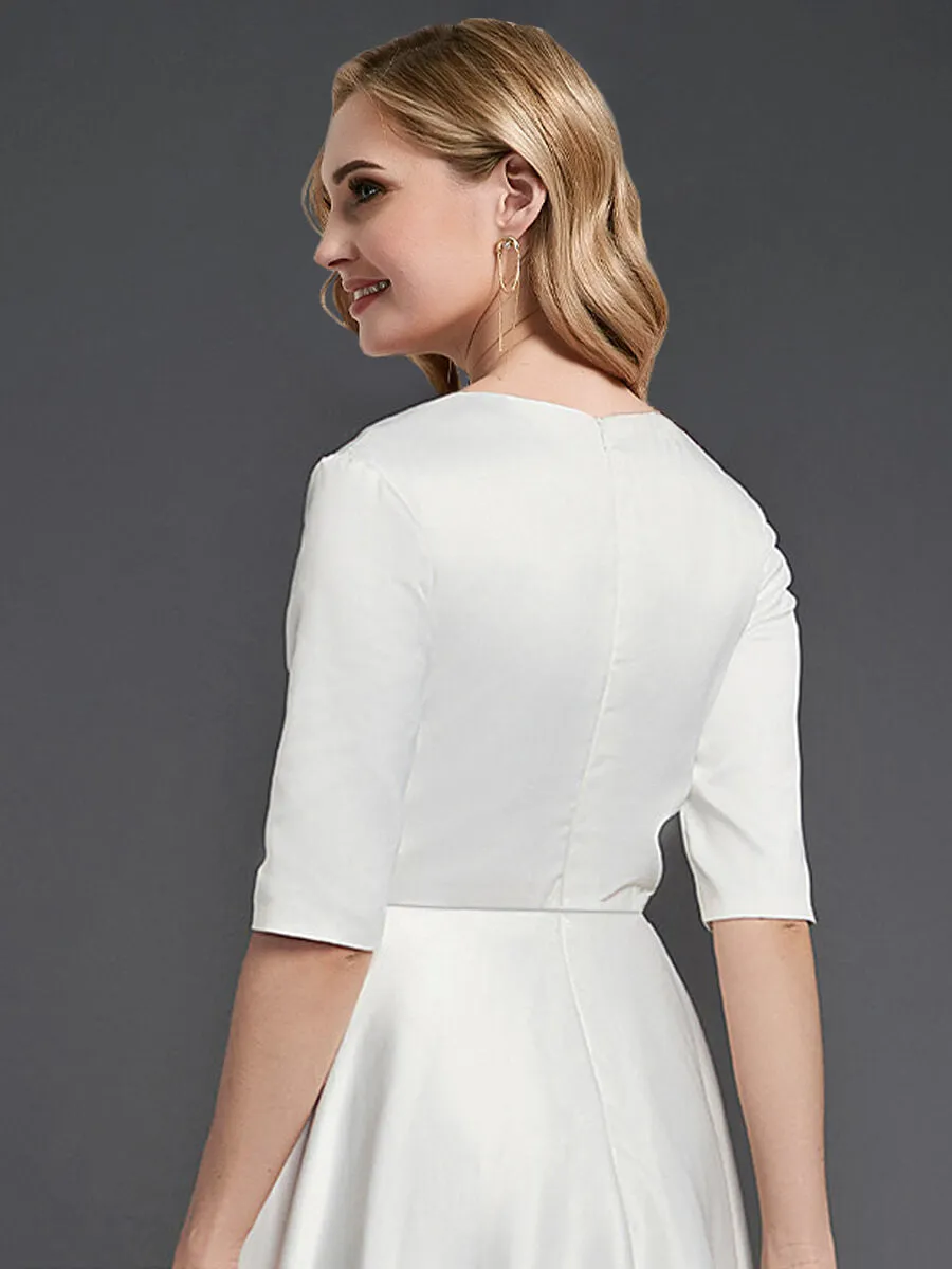 Noble Deep Sheer V-Neck 1/2 Sleeve Midi Length Satin A-Line Wedding Reception Dress
