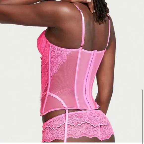 NWT 2PC VS WICKED UNLINED LACE-UP CORSET TOP   LACE THONG