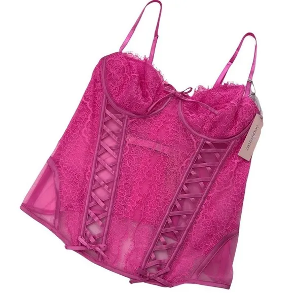 NWT 2PC VS WICKED UNLINED LACE-UP CORSET TOP   LACE THONG