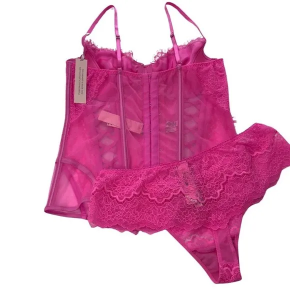 NWT 2PC VS WICKED UNLINED LACE-UP CORSET TOP   LACE THONG