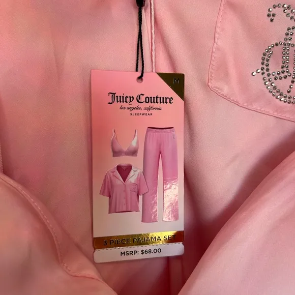 NWT Juicy Couture Lola Pink Women's Medium 3 Piece Satin Pajama Set
