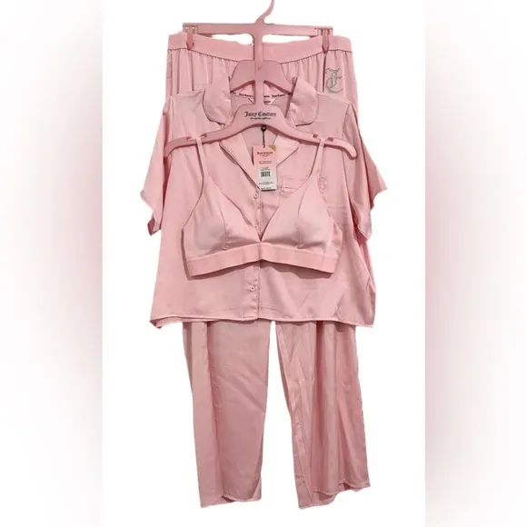 NWT Juicy Couture Lola Pink Women's Medium 3 Piece Satin Pajama Set