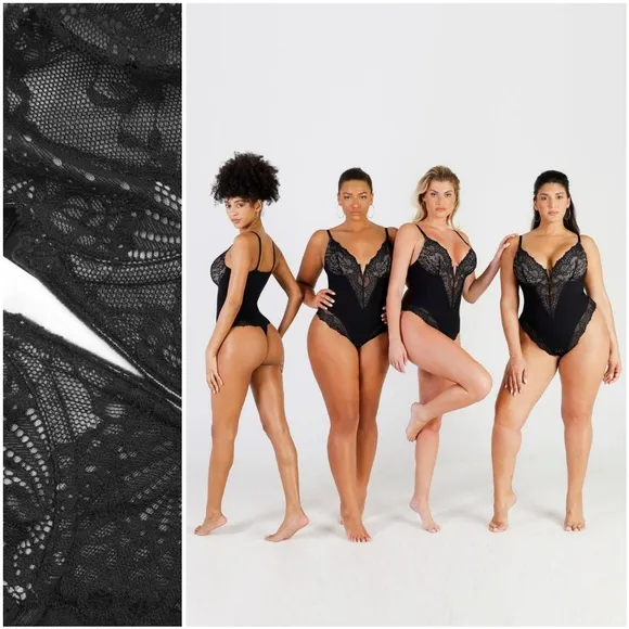 NWT Popilush Black Floral Lace Deep V Shapewear Thong Tummy Control Bodysuit