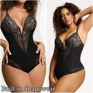 NWT Popilush Black Floral Lace Deep V Shapewear Thong Tummy Control Bodysuit