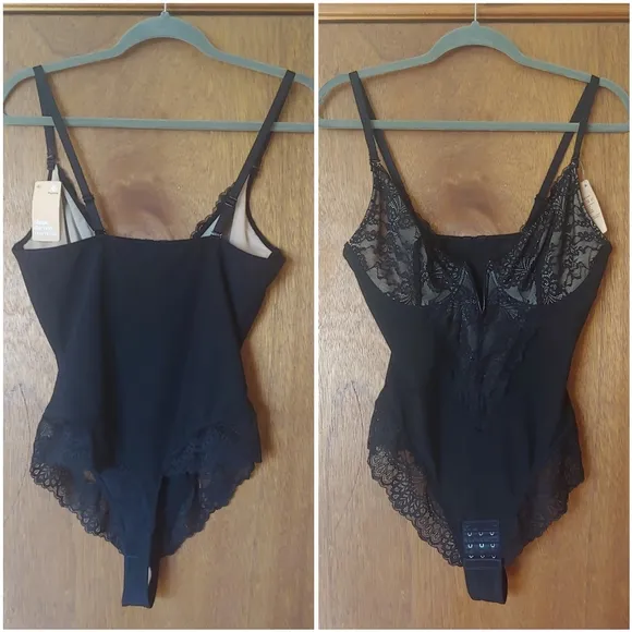 NWT Popilush Black Floral Lace Deep V Shapewear Thong Tummy Control Bodysuit