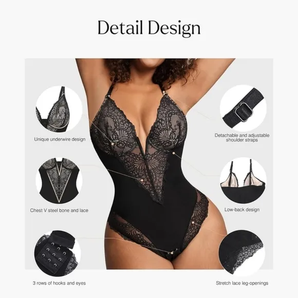 NWT Popilush Black Floral Lace Deep V Shapewear Thong Tummy Control Bodysuit