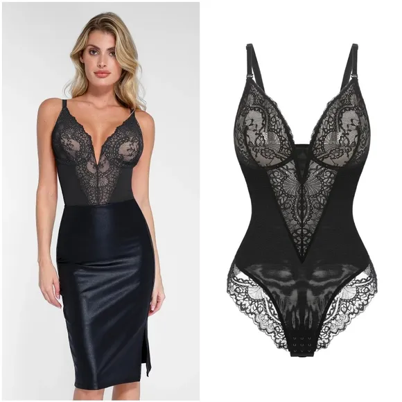 NWT Popilush Black Floral Lace Deep V Shapewear Thong Tummy Control Bodysuit