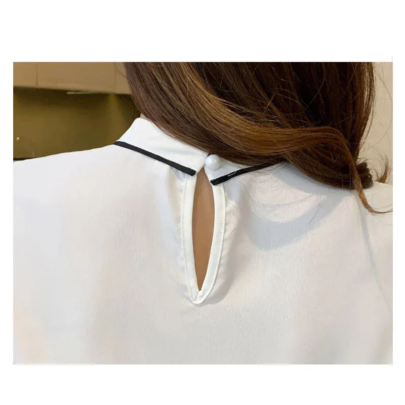 O-Neck Blue Chiffon Blouse Shirt Tops Women Short Sleeve Blouse Women