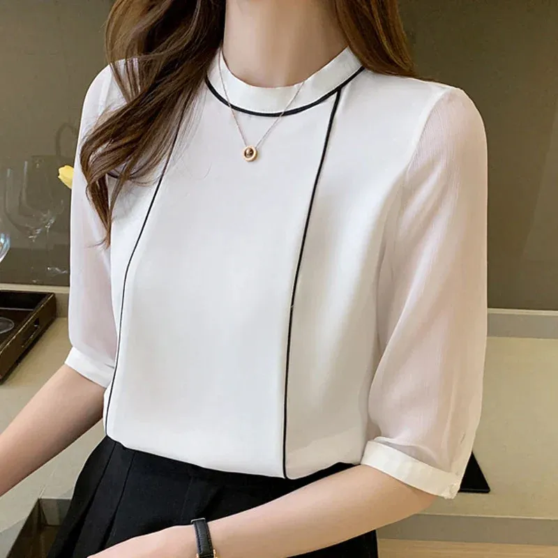O-Neck Blue Chiffon Blouse Shirt Tops Women Short Sleeve Blouse Women
