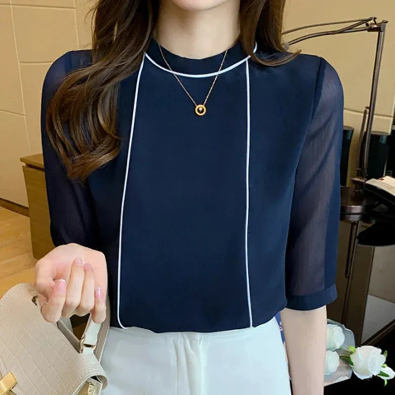 O-Neck Blue Chiffon Blouse Shirt Tops Women Short Sleeve Blouse Women