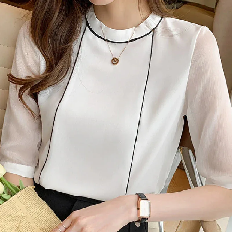 O-Neck Blue Chiffon Blouse Shirt Tops Women Short Sleeve Blouse Women