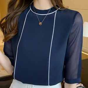 O-Neck Blue Chiffon Blouse Shirt Tops Women Short Sleeve Blouse Women