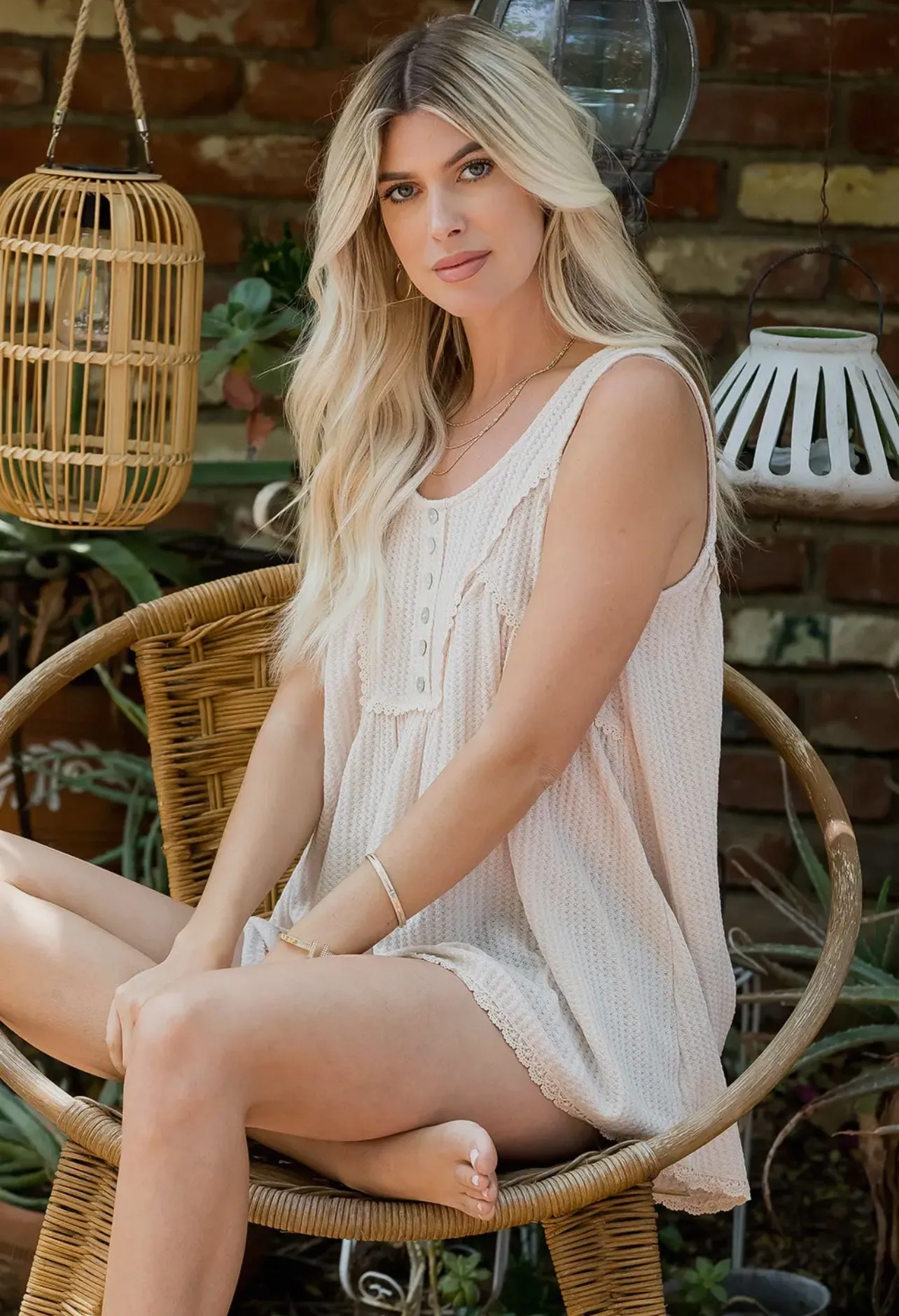 Oatmeal Lace Trim Button Tank