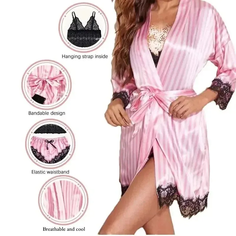 Obsidian Phoenix Lace Satin Sleepwear Set - Sexy Silk Robe and Pajama Pants