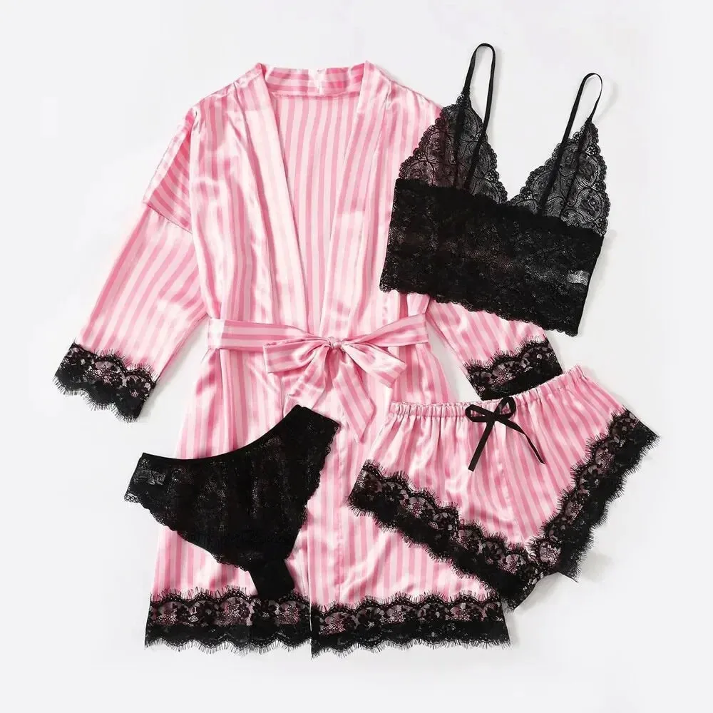 Obsidian Phoenix Lace Satin Sleepwear Set - Sexy Silk Robe and Pajama Pants
