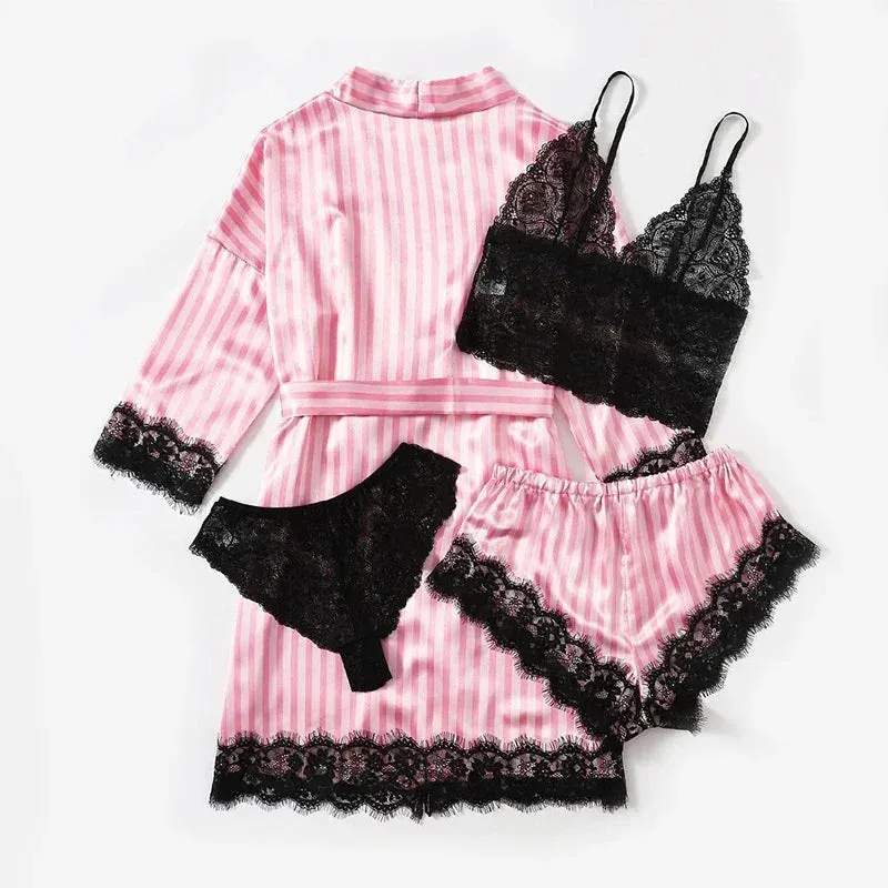 Obsidian Phoenix Lace Satin Sleepwear Set - Sexy Silk Robe and Pajama Pants