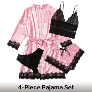 Obsidian Phoenix Lace Satin Sleepwear Set - Sexy Silk Robe and Pajama Pants