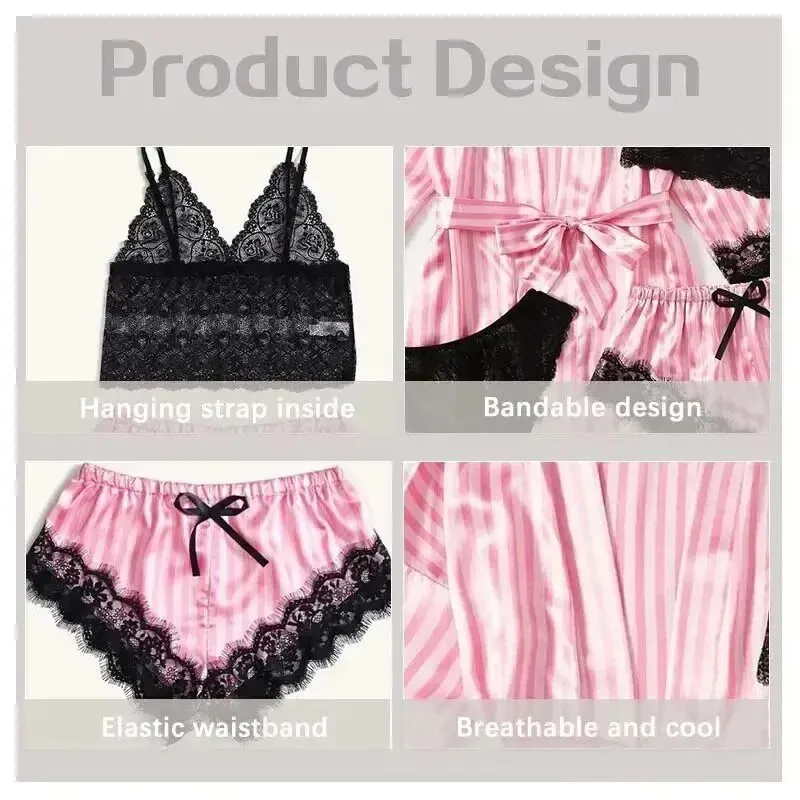 Obsidian Phoenix Lace Satin Sleepwear Set - Sexy Silk Robe and Pajama Pants