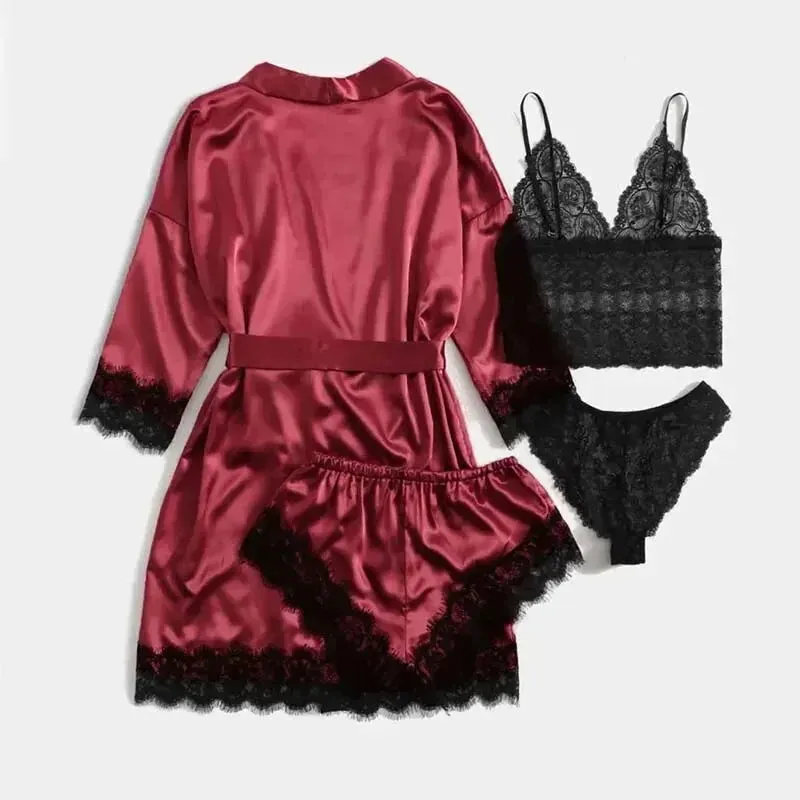 Obsidian Phoenix Lace Satin Sleepwear Set - Sexy Silk Robe and Pajama Pants