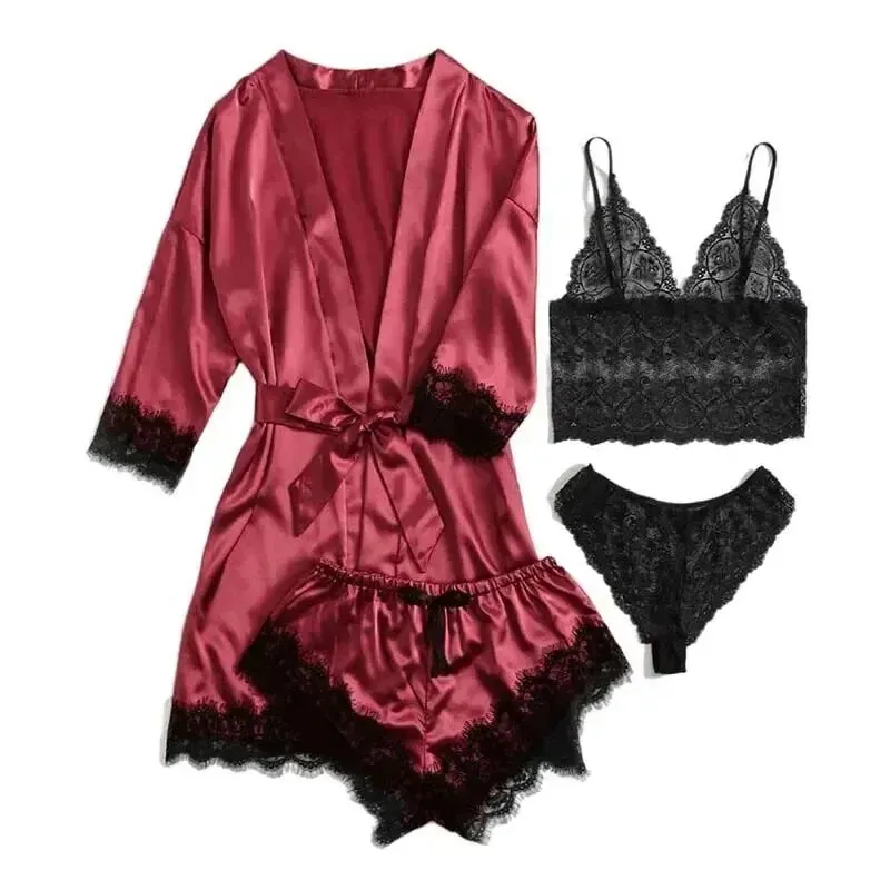 Obsidian Phoenix Lace Satin Sleepwear Set - Sexy Silk Robe and Pajama Pants