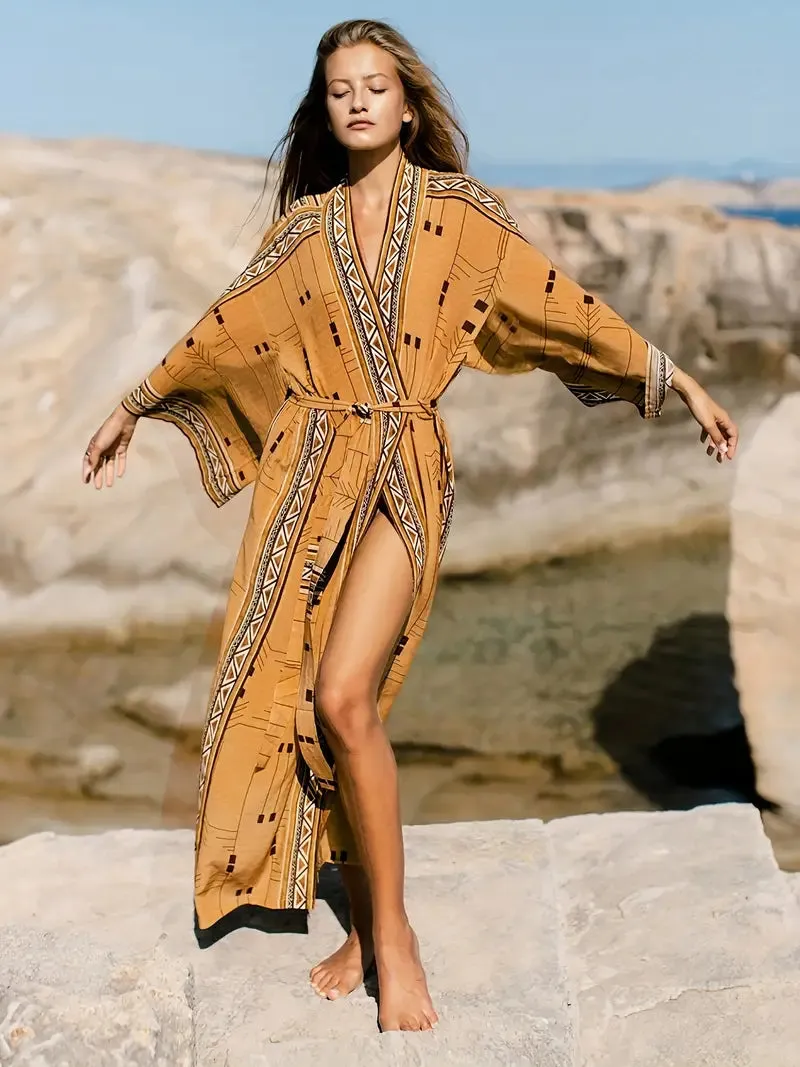 Oceana® | Boho Plus Size Kimono Tie Belt Maxi Cover Up