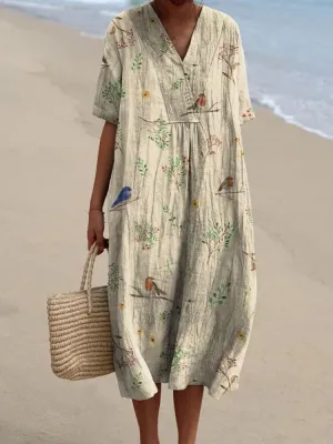 Ofelia® | Casual Women'S Blouse Made Of Cotton And Linen With A Bird And Branch Print And Robins