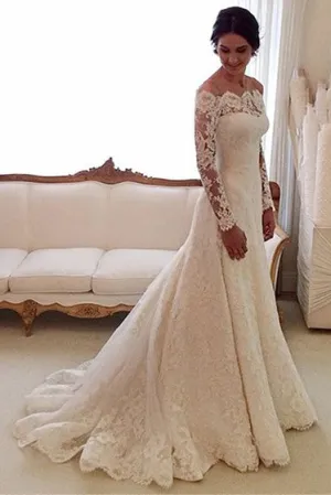 Off-shoulder All Lace A-line Gown With Long Sleeves-BU_708718