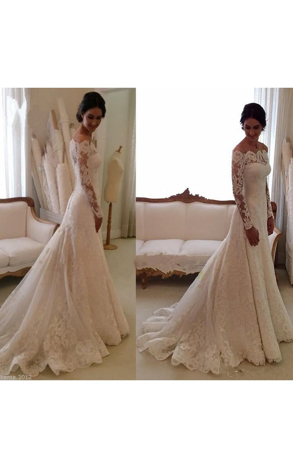 Off-shoulder All Lace A-line Gown With Long Sleeves-BU_708718