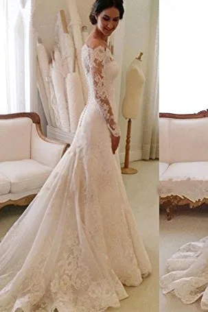 Off-shoulder All Lace A-line Gown With Long Sleeves-BU_708718