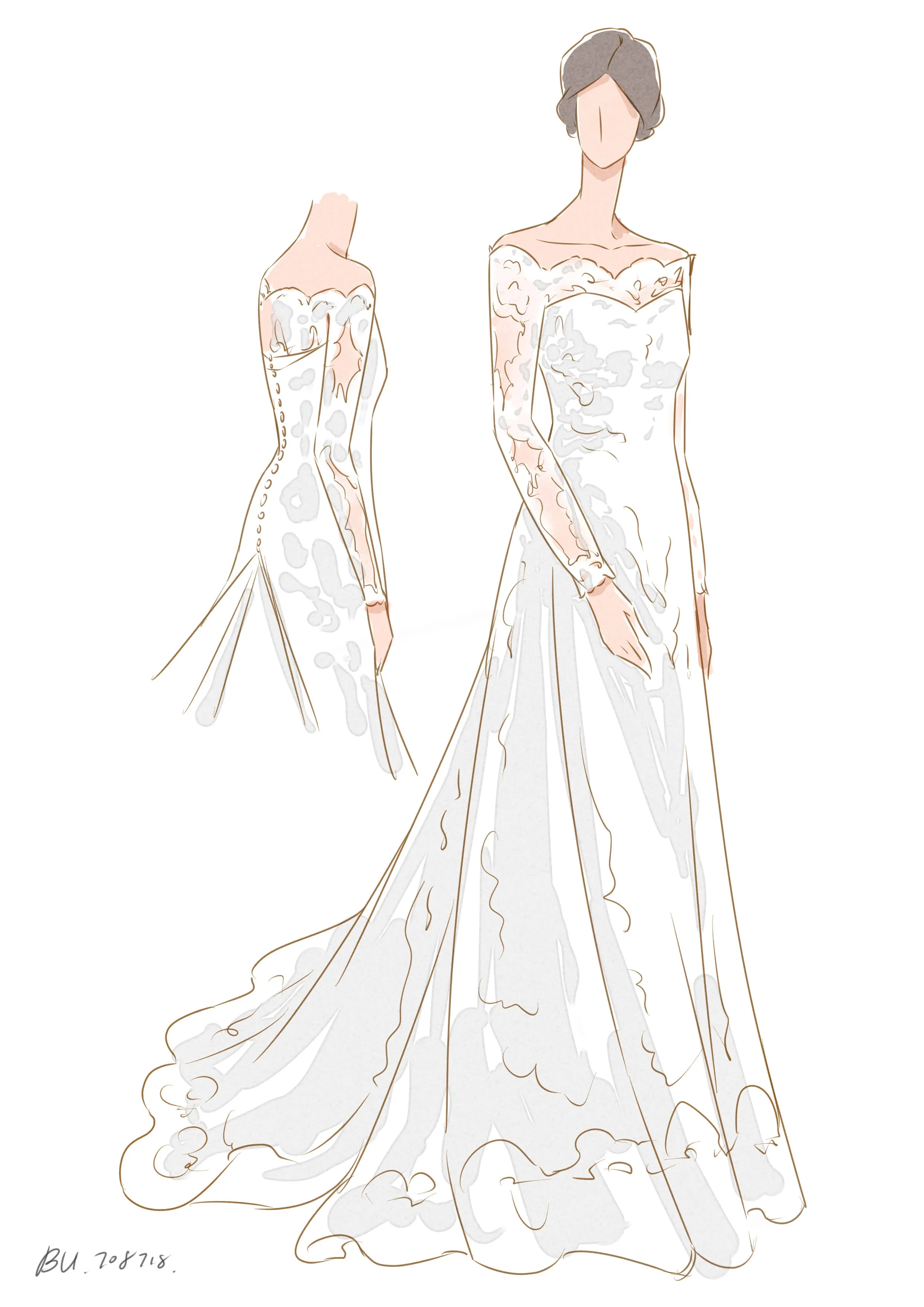Off-shoulder All Lace A-line Gown With Long Sleeves-BU_708718