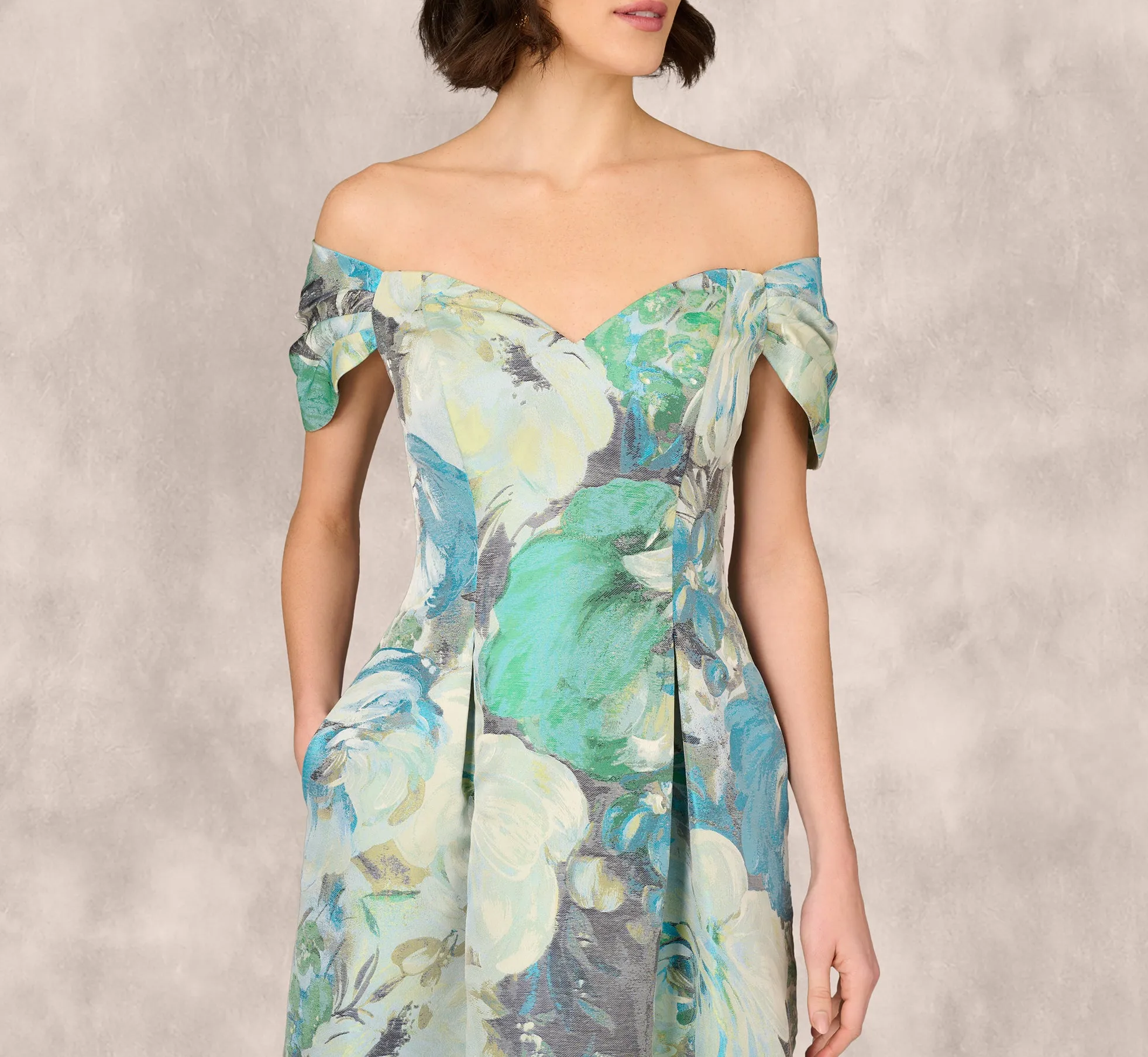 Off Shoulder Floral Jacquard Pleated Gown In Blue Multi