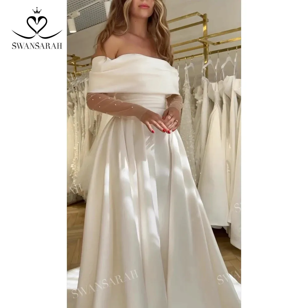 Off the Shoulder A-Line Wedding Dress Long Sleeve Pearl Princess